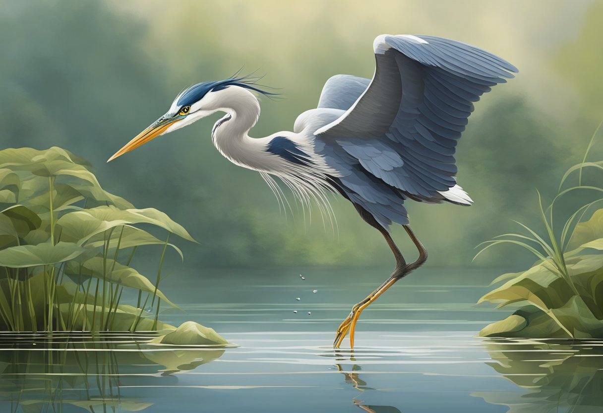 A heron looms over a pond, eyeing the fish below. Netting stretches taut across the water's surface, protecting the fish from the bird's predatory gaze