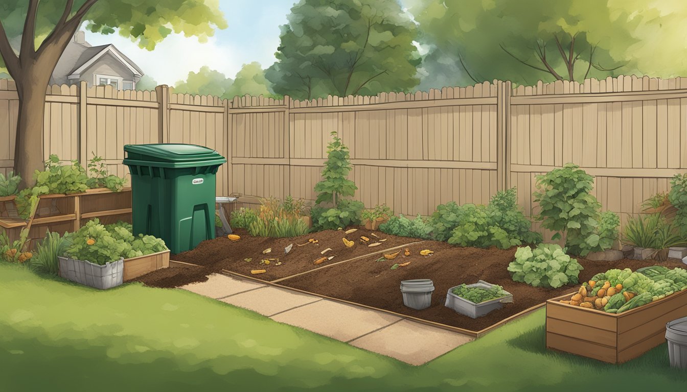 A backyard in Naperville, IL with a compost bin surrounded by various food scraps, yard waste, and a mix of brown and green materials