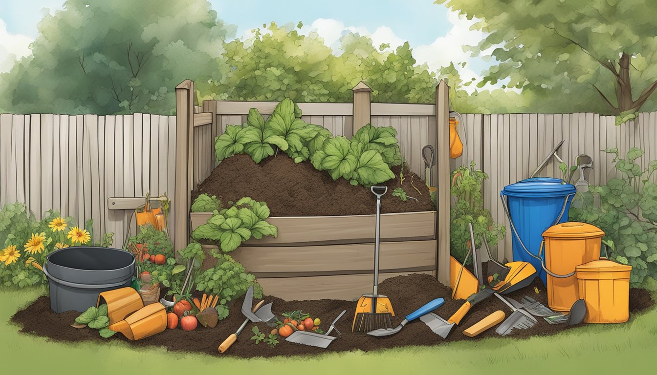 A backyard compost bin surrounded by garden tools and organic waste in Elgin, IL