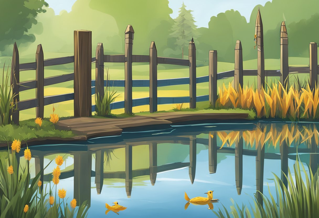 A wooden fence with spikes surrounds a pond, while a scarecrow and reflective tape hang nearby to deter herons