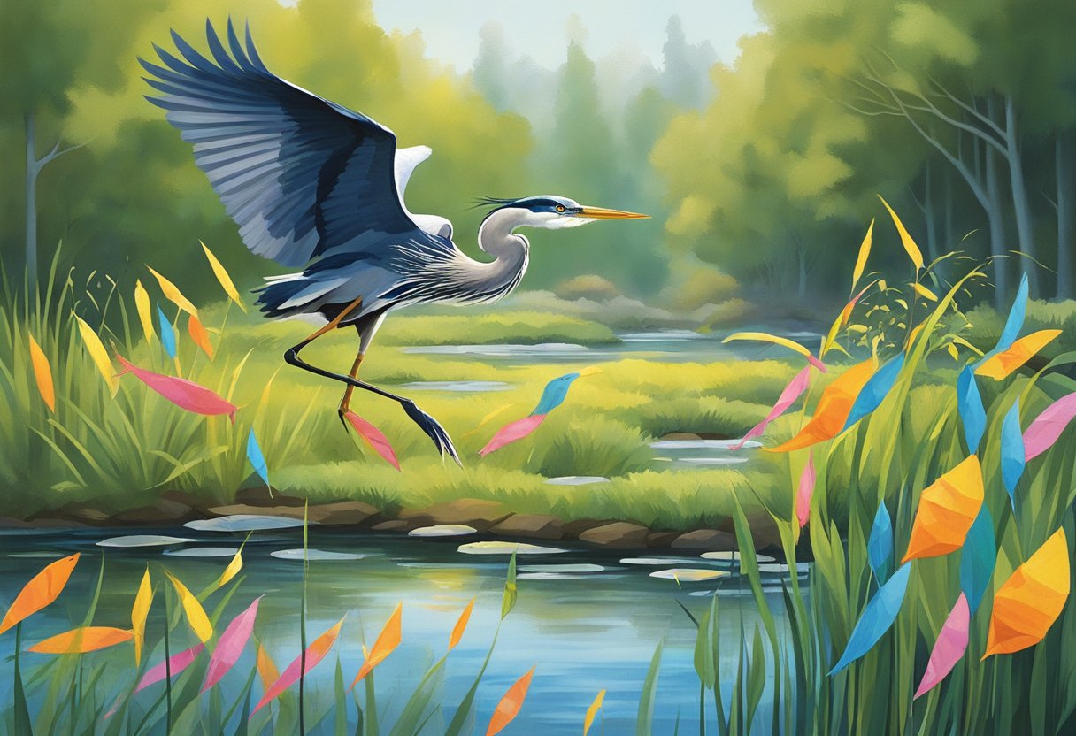 A heron approaches a pond with fish. Brightly colored plastic flags flutter in the wind, and a motion-activated sprinkler emits a loud hissing sound, deterring the heron from getting too close to the fish