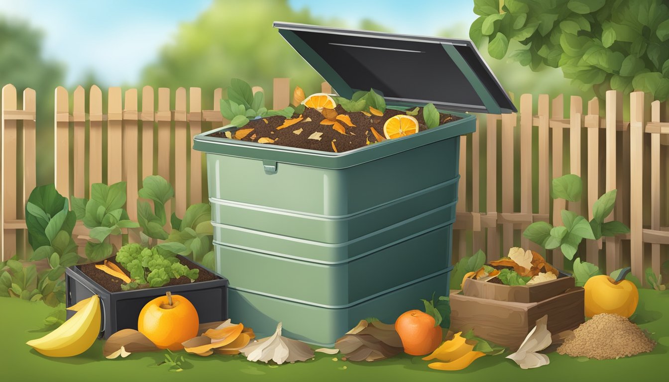 A backyard compost bin surrounded by a variety of organic waste, including fruit peels, vegetable scraps, and yard clippings