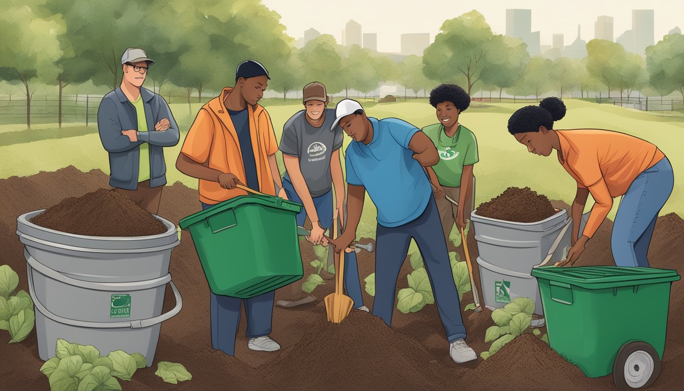 A group of diverse individuals in Elgin, IL work together to compost, surrounded by bins, shovels, and organic waste