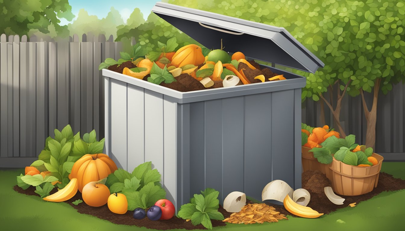 A backyard compost bin surrounded by a variety of organic waste materials such as fruit peels, vegetable scraps, and yard clippings