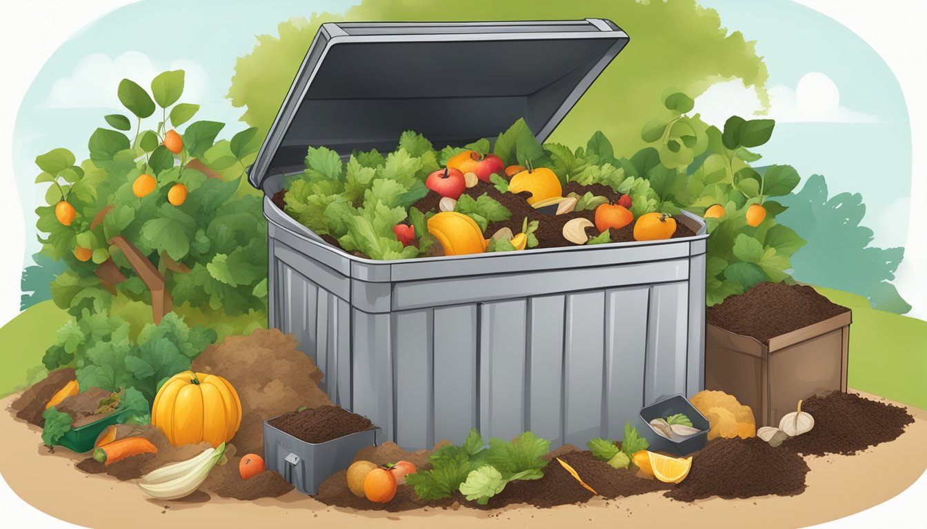 A backyard compost bin surrounded by a variety of organic waste materials, including fruit and vegetable scraps, coffee grounds, and yard clippings