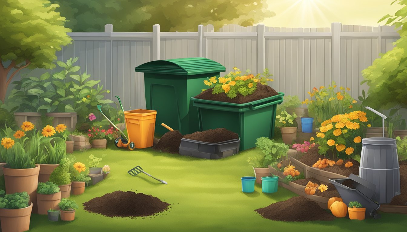 A sunny backyard with a compost bin, garden tools, and a variety of organic waste materials spread out for composting