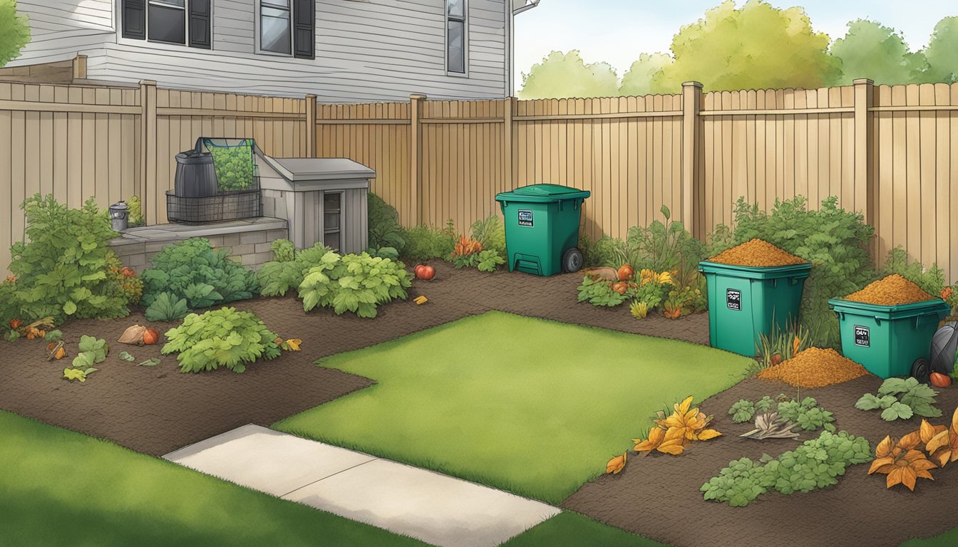 A backyard in Elgin, IL with a compost bin surrounded by a variety of organic waste, including food scraps, leaves, and grass clippings