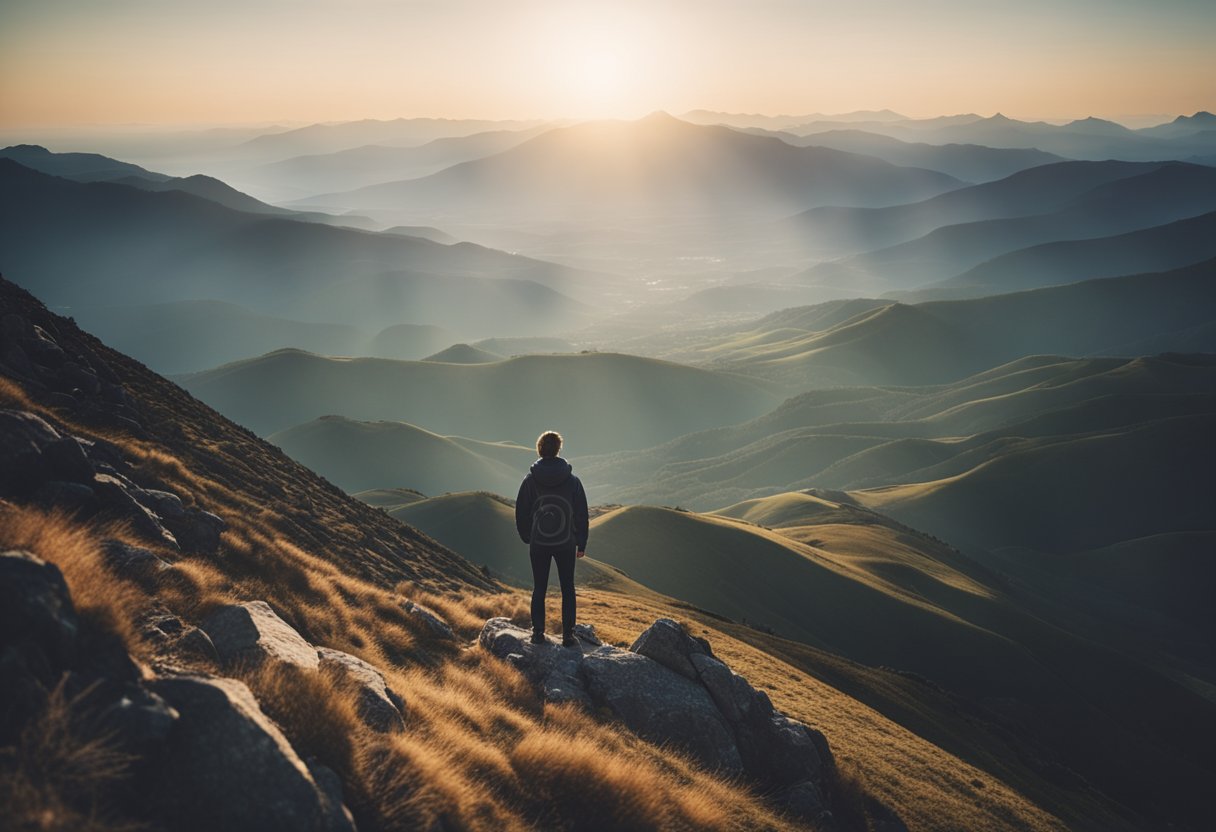 A person standing on a mountain peak, looking out over a vast landscape with a hopeful expression