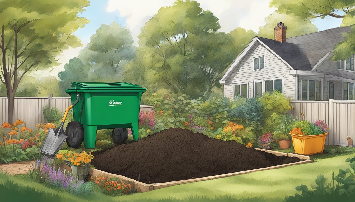 A backyard in Rockford, IL with a compost bin, garden tools, and a variety of organic waste being added to the compost pile