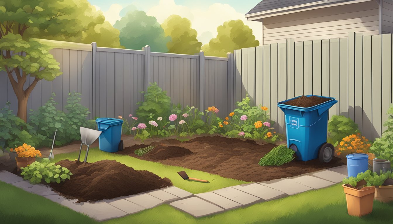 A suburban backyard with a compost bin, garden tools, and a variety of organic waste materials spread out on the ground