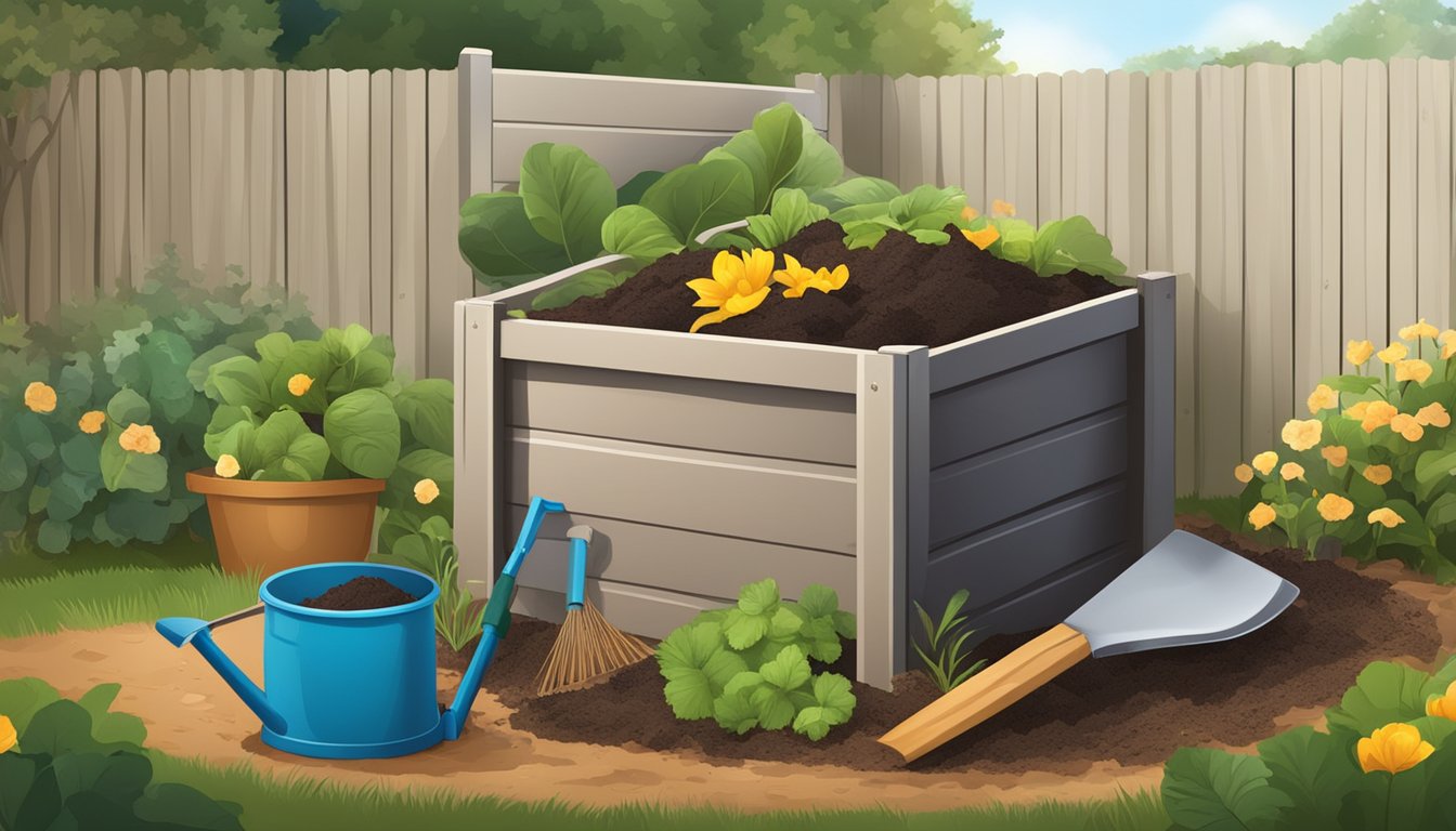 A backyard compost bin surrounded by various organic materials, with a shovel and gardening gloves nearby