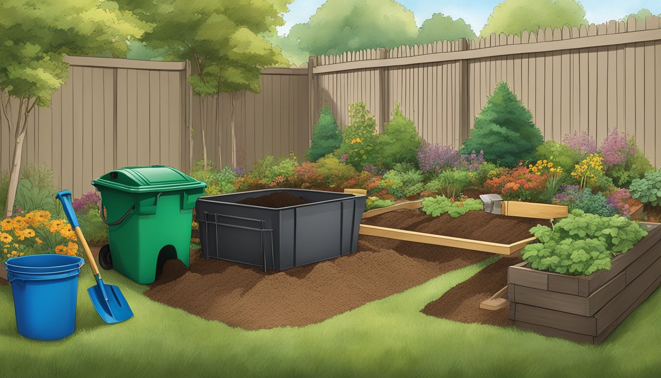 A backyard in Rockford, IL with a compost bin, garden tools, and various organic materials being added to the compost pile