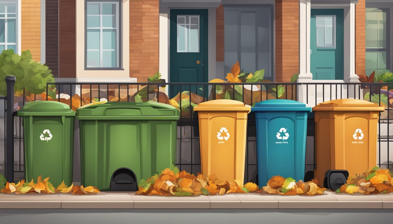 A compost bin overflowing with food scraps, leaves, and other organic waste sits next to a neatly organized row of recycling and trash bins on the curb