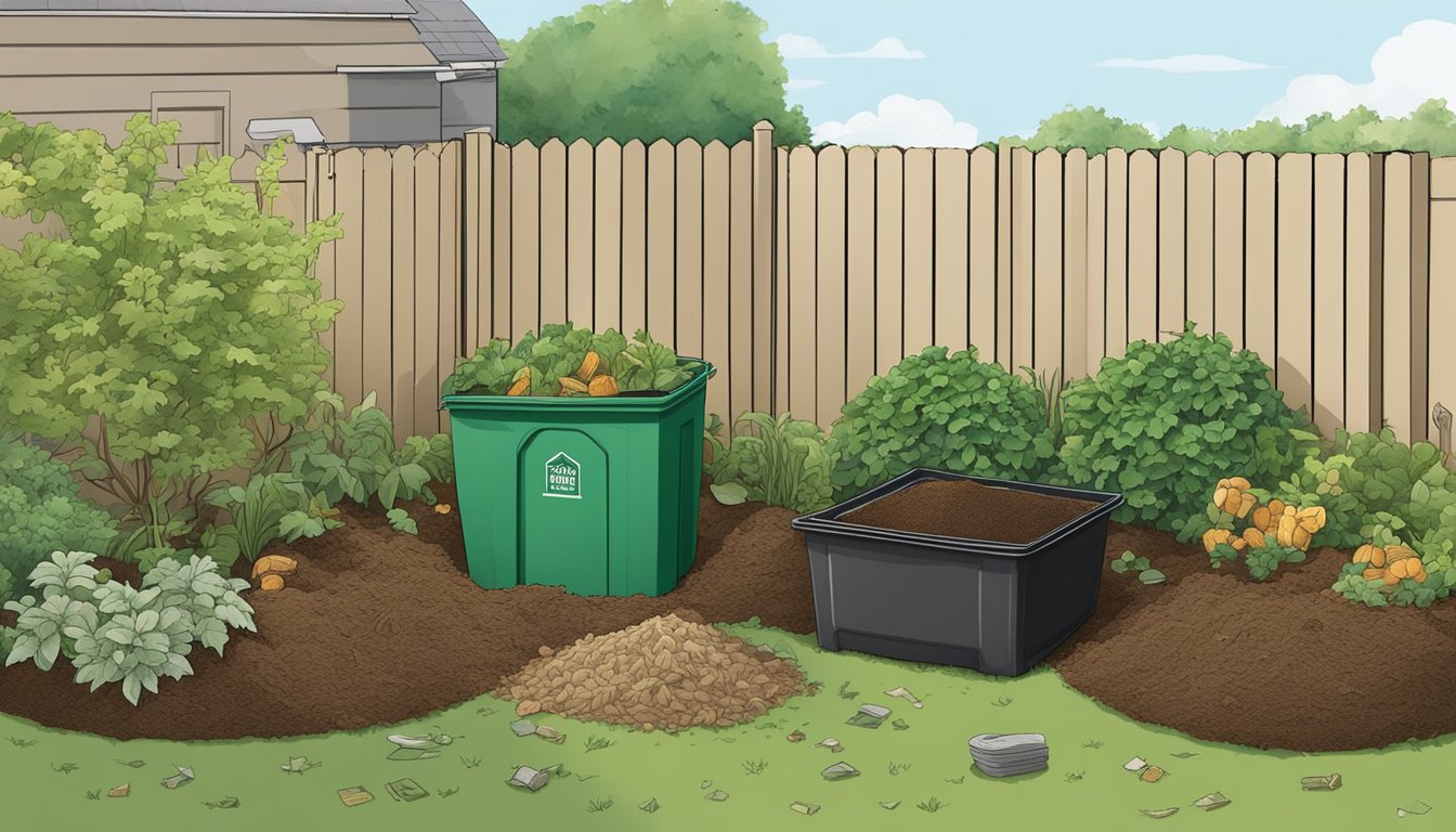 A backyard with a compost bin surrounded by kitchen scraps, yard waste, and soil in Springfield, IL