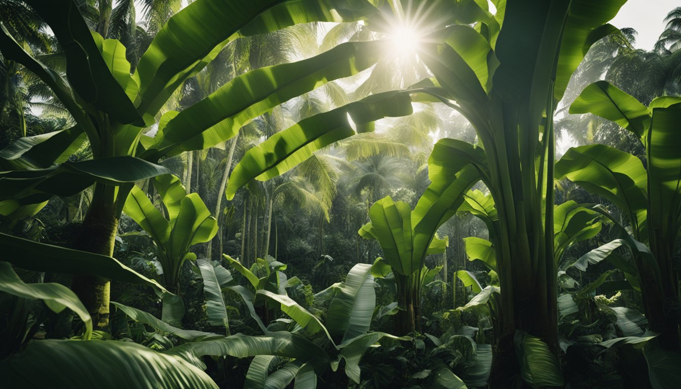 Towering banana trees and lush understory create a wild, natural food forest. Dappled sunlight filters through the leaves, casting gentle shadows on the forest floor