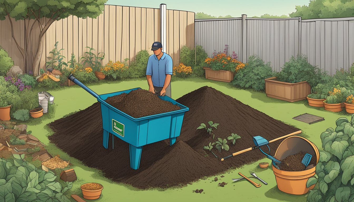 A person turning a compost pile surrounded by various types of organic waste and a variety of composting tools in a backyard garden in Springfield, IL