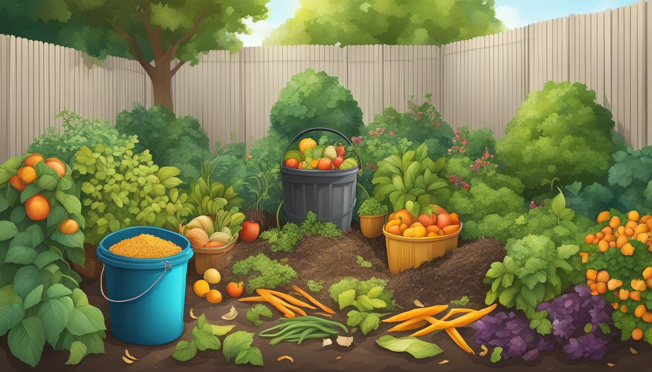 A lush garden with a compost bin surrounded by various types of organic waste, such as fruit peels, vegetable scraps, and yard clippings