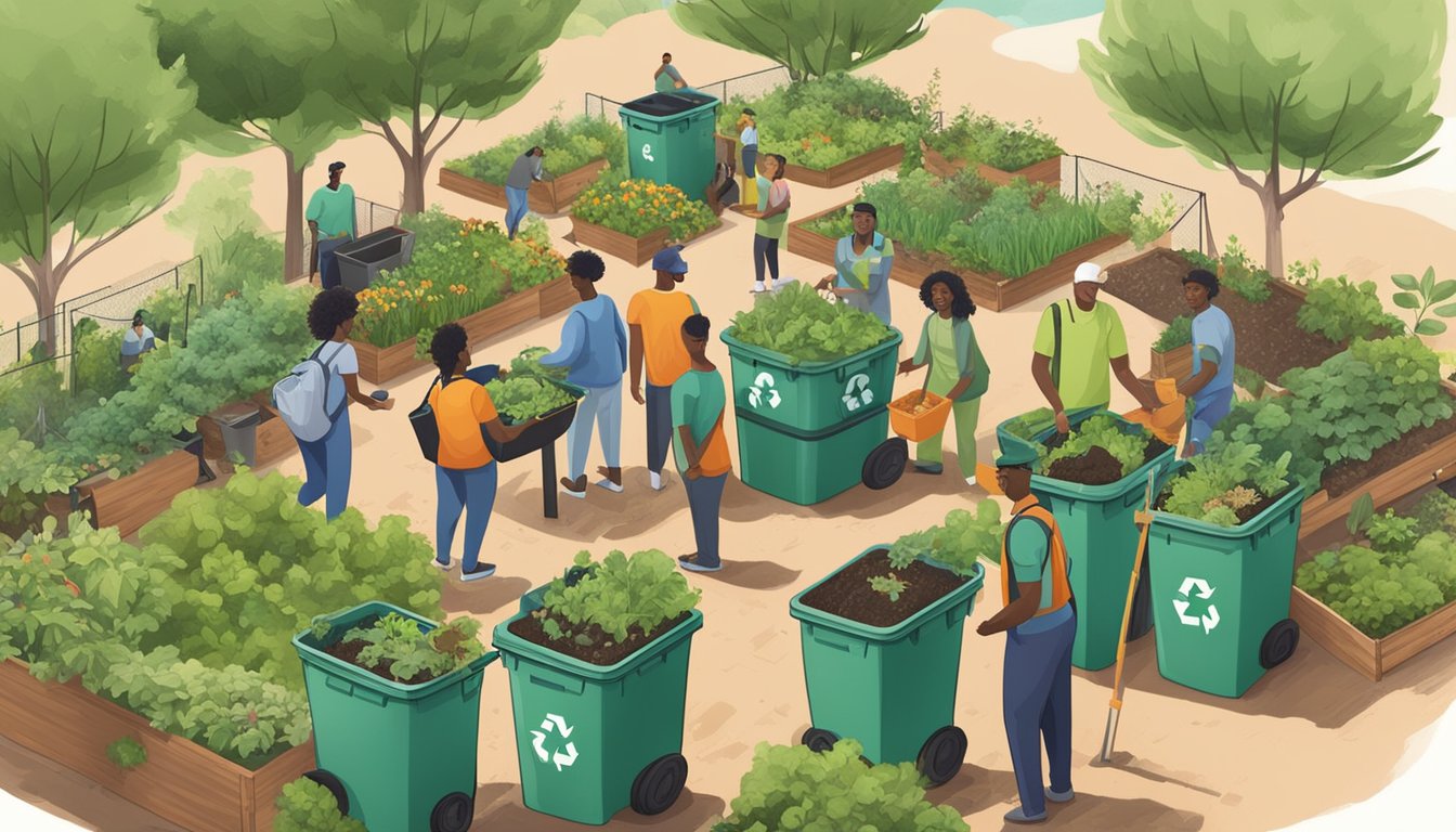 A diverse group of people working together to compost in a community garden, surrounded by greenery and recycling bins