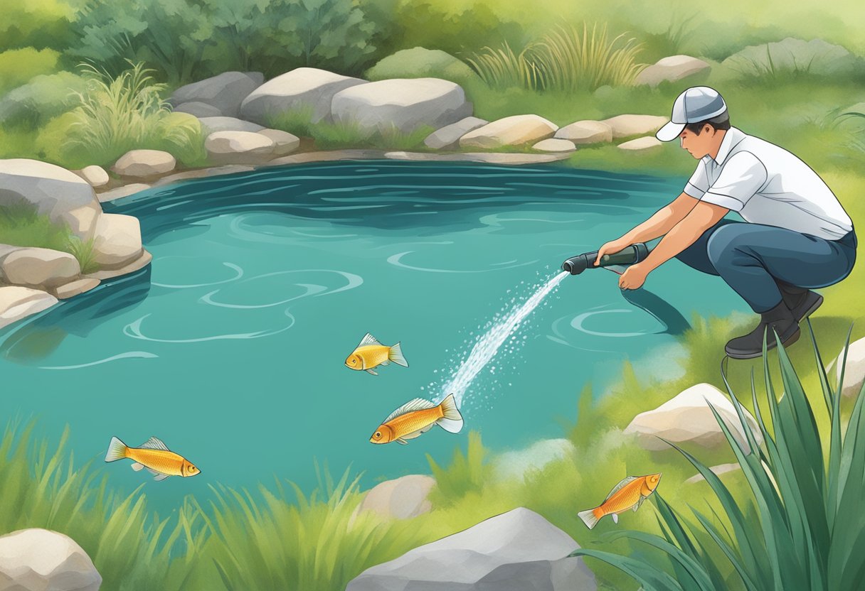 A person pouring a de-chlorinating agent into a pond, with water flowing from a hose and fish swimming in the clear water