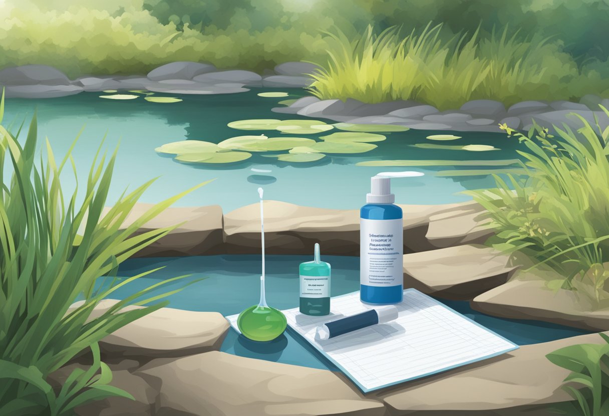 A testing kit and de-chlorinating agent next to a pond with a water sample