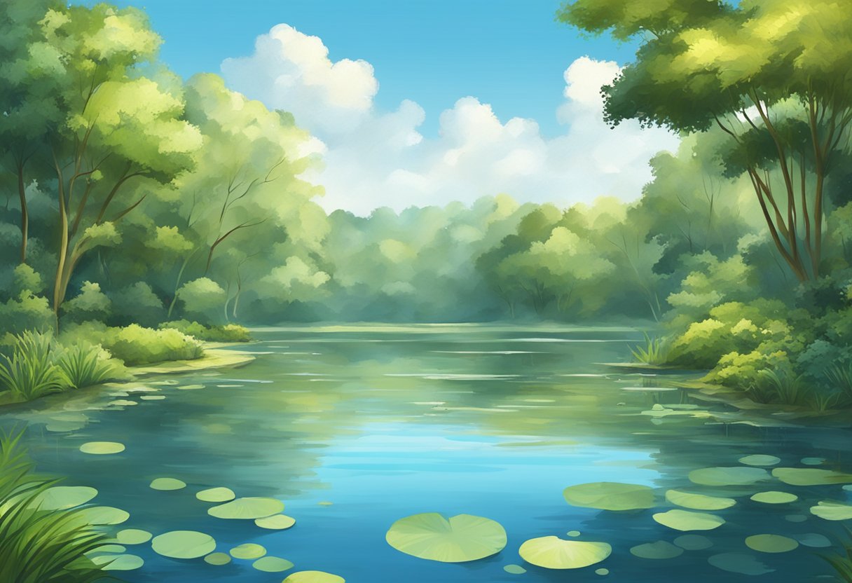 A serene pond with lush vegetation and diverse aquatic life, surrounded by trees and a clear blue sky