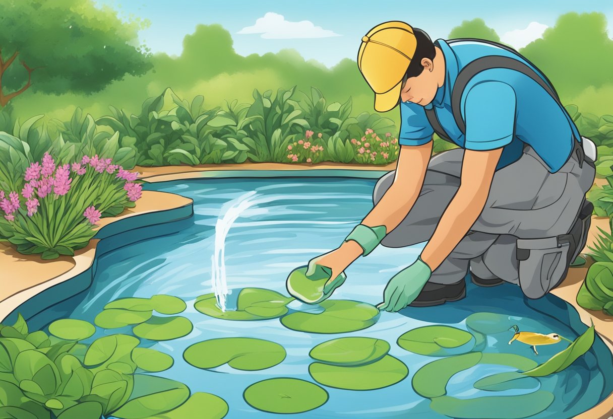 A person pouring a de-chlorinating solution into a pond, with water ripples and aquatic plants in the background