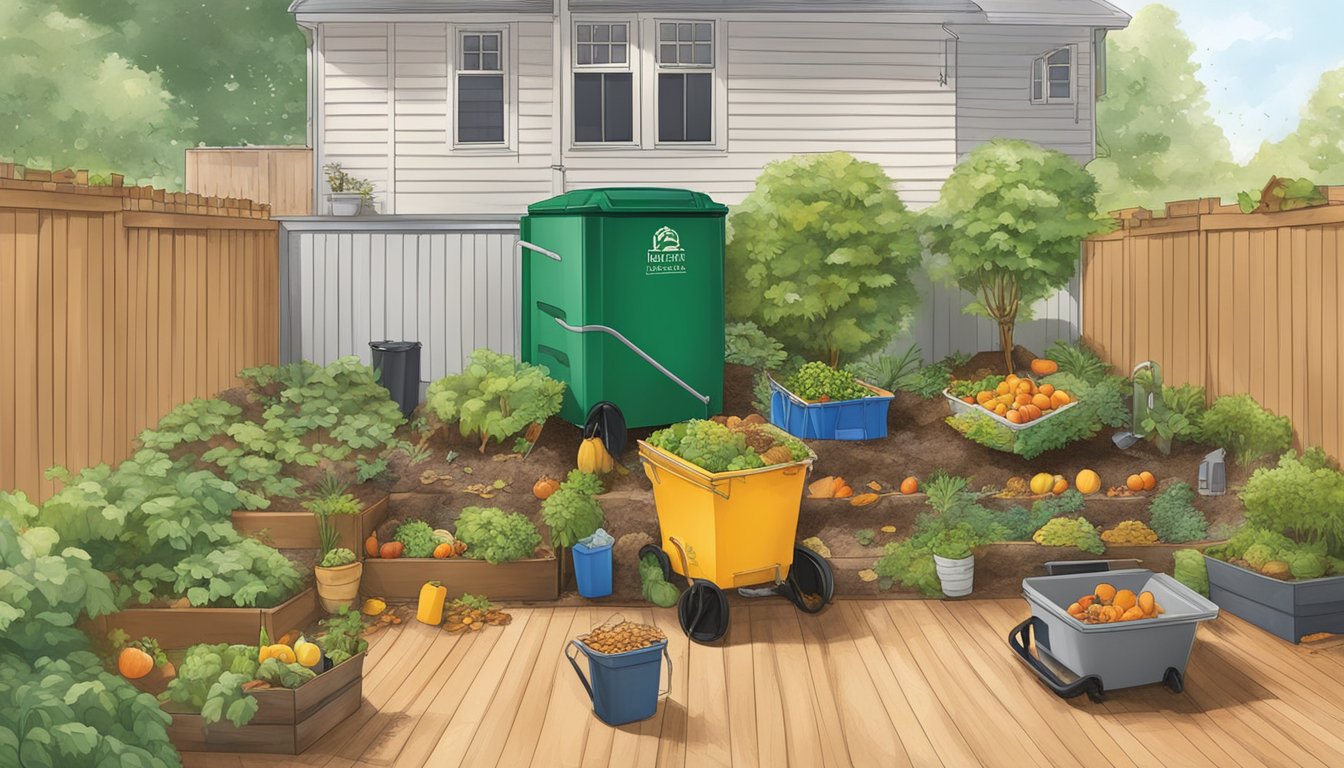 A backyard in Charlotte, NC with a compost bin, garden tools, and a variety of organic waste materials like fruit peels and vegetable scraps