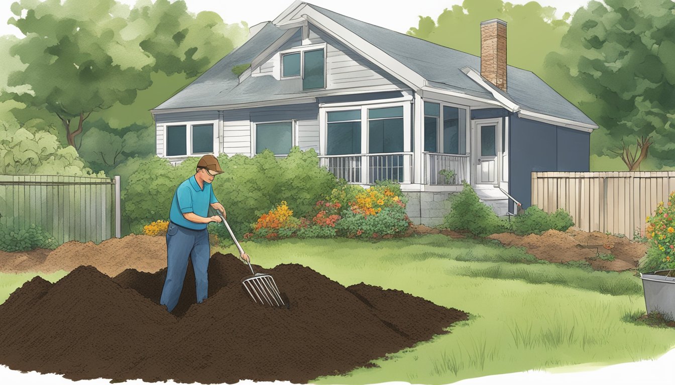 A person in Charlotte, NC is setting up a compost pile in their backyard, surrounded by greenery and using a pitchfork to turn the soil