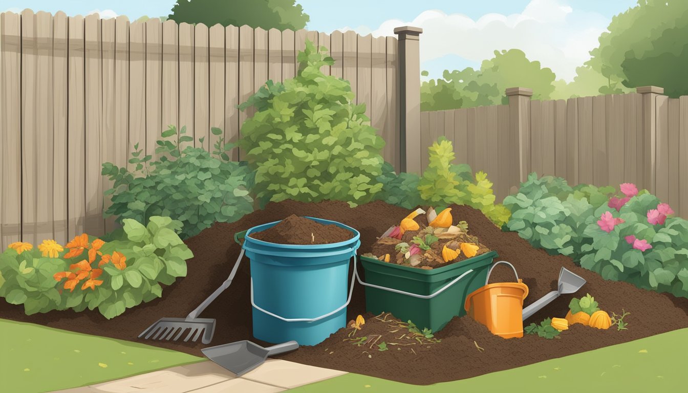 A backyard compost bin surrounded by a variety of kitchen and yard waste, with a shovel and gardening gloves nearby