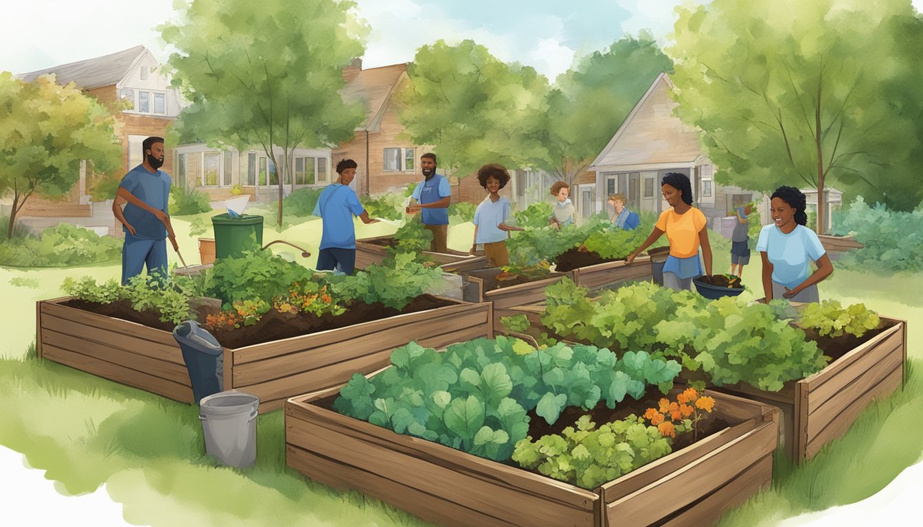 A diverse group of people in Springfield, MO are working together to compost organic waste, surrounded by lush greenery and community gardens