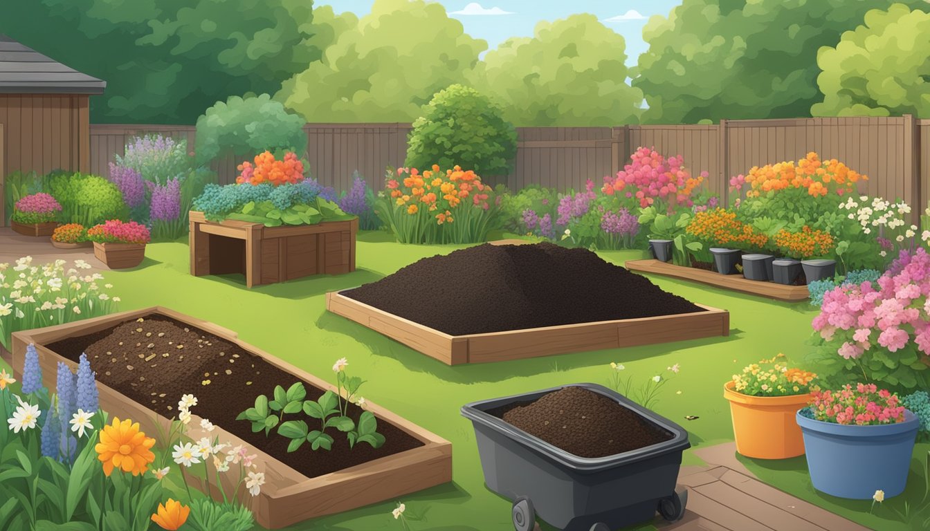 A colorful array of composting materials arranged in a backyard garden, surrounded by blooming flowers and buzzing insects