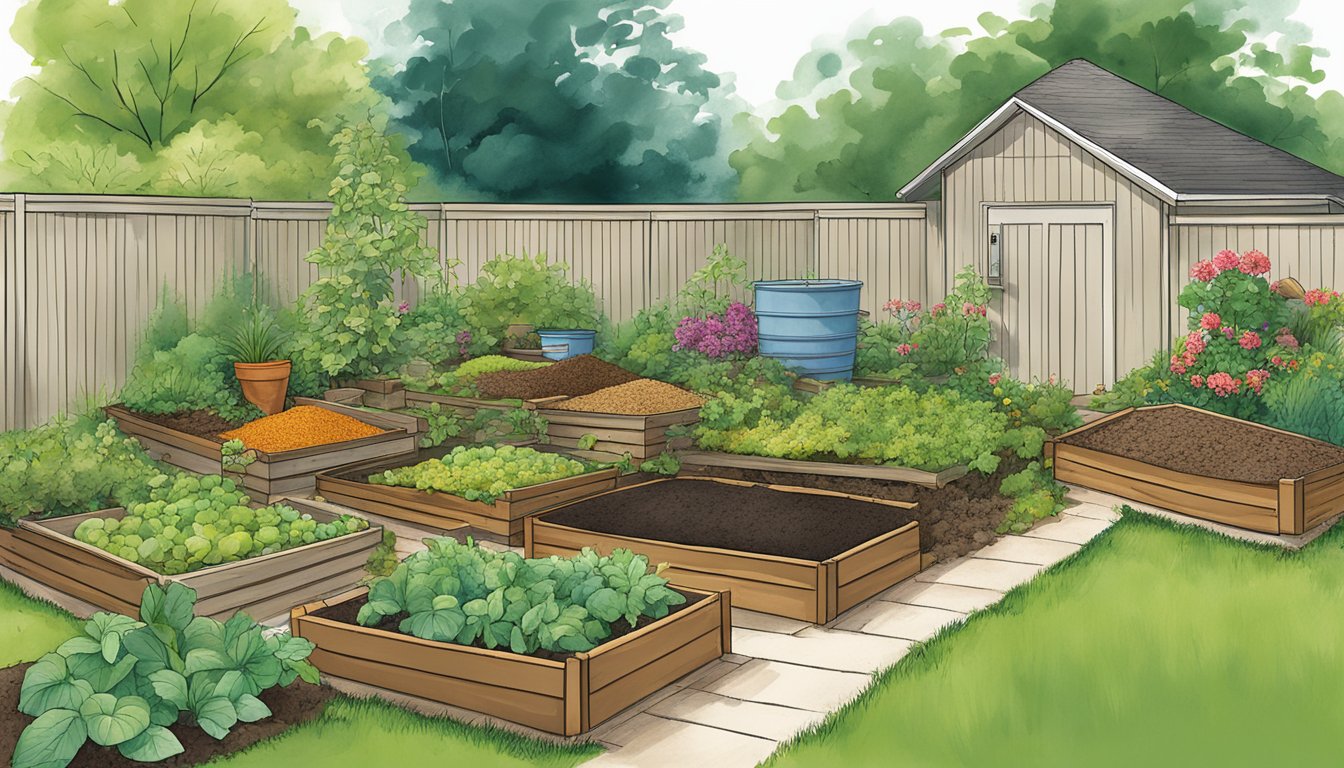 A lush backyard garden in Charlotte, NC showcases various innovative composting techniques, including vermiculture and bokashi. The compost bins are teeming with organic matter and beneficial microorganisms