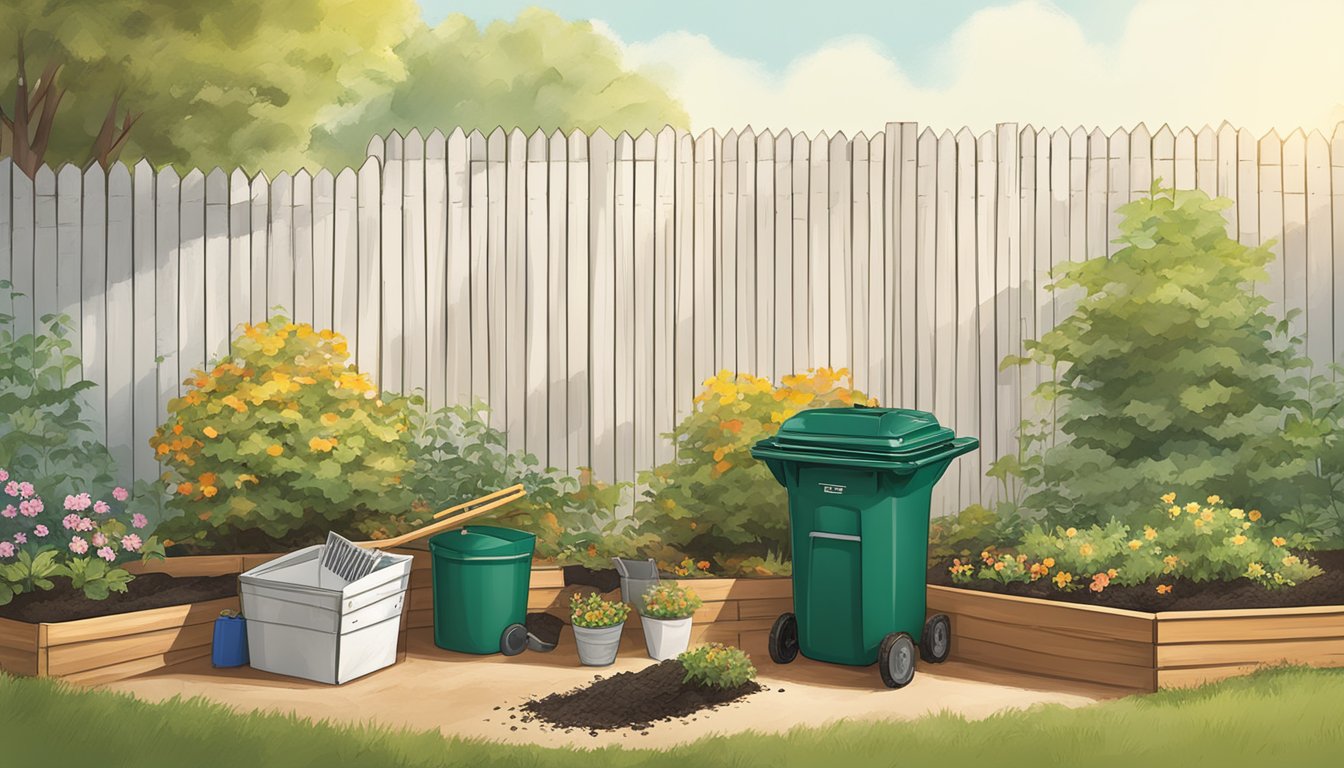 A sunny backyard with a compost bin, gardening tools, and a stack of informational brochures on composting in Charlotte, NC