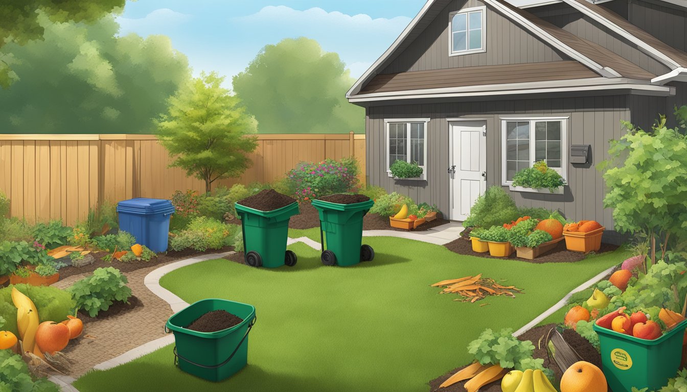 A backyard in Billings, MT with a compost bin, garden tools, and a variety of organic waste materials like fruit peels and grass clippings