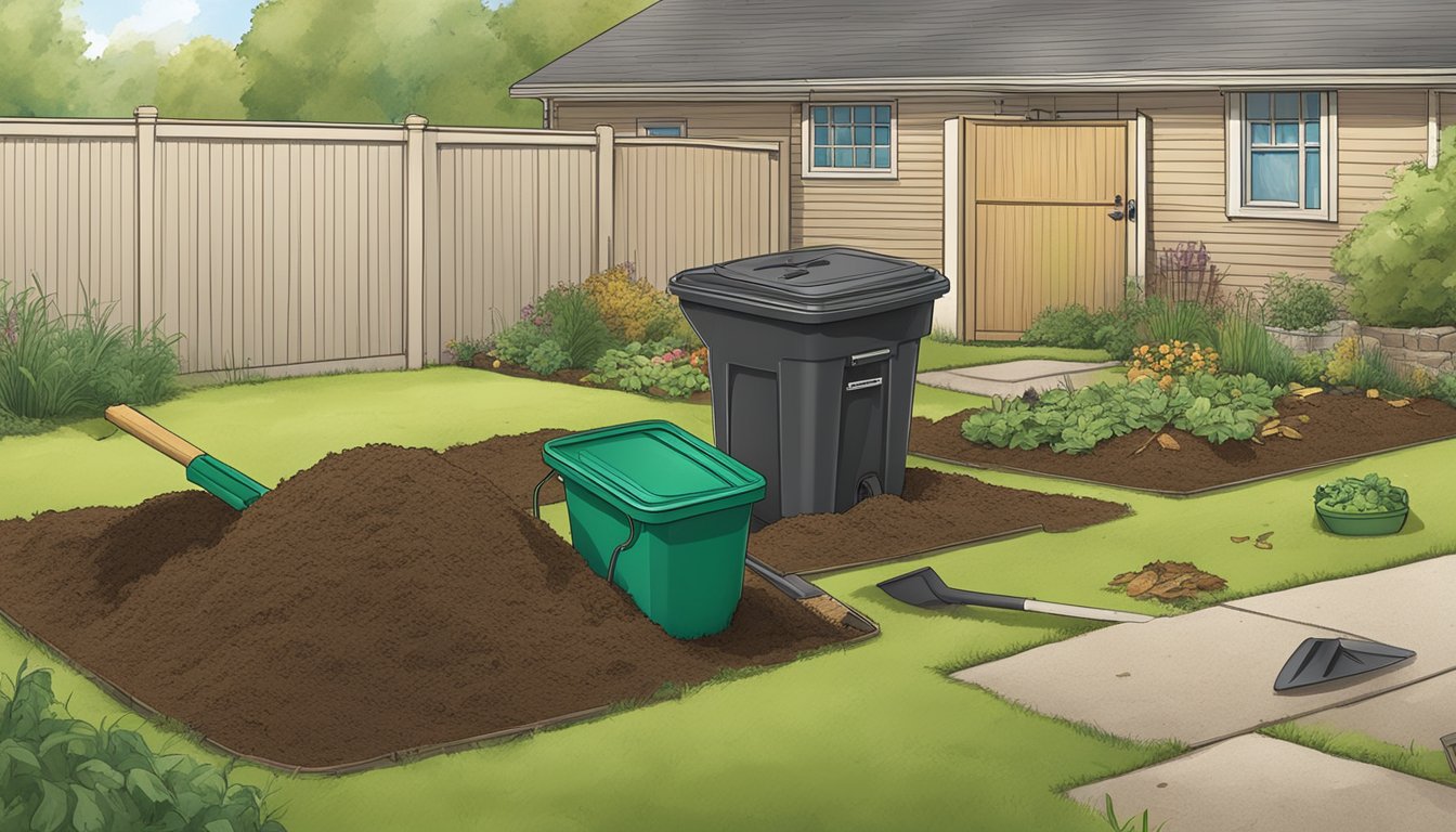 A backyard in Billings, MT with a compost bin, a shovel, and various organic materials scattered around. A mix of grass, leaves, and food scraps are ready for composting