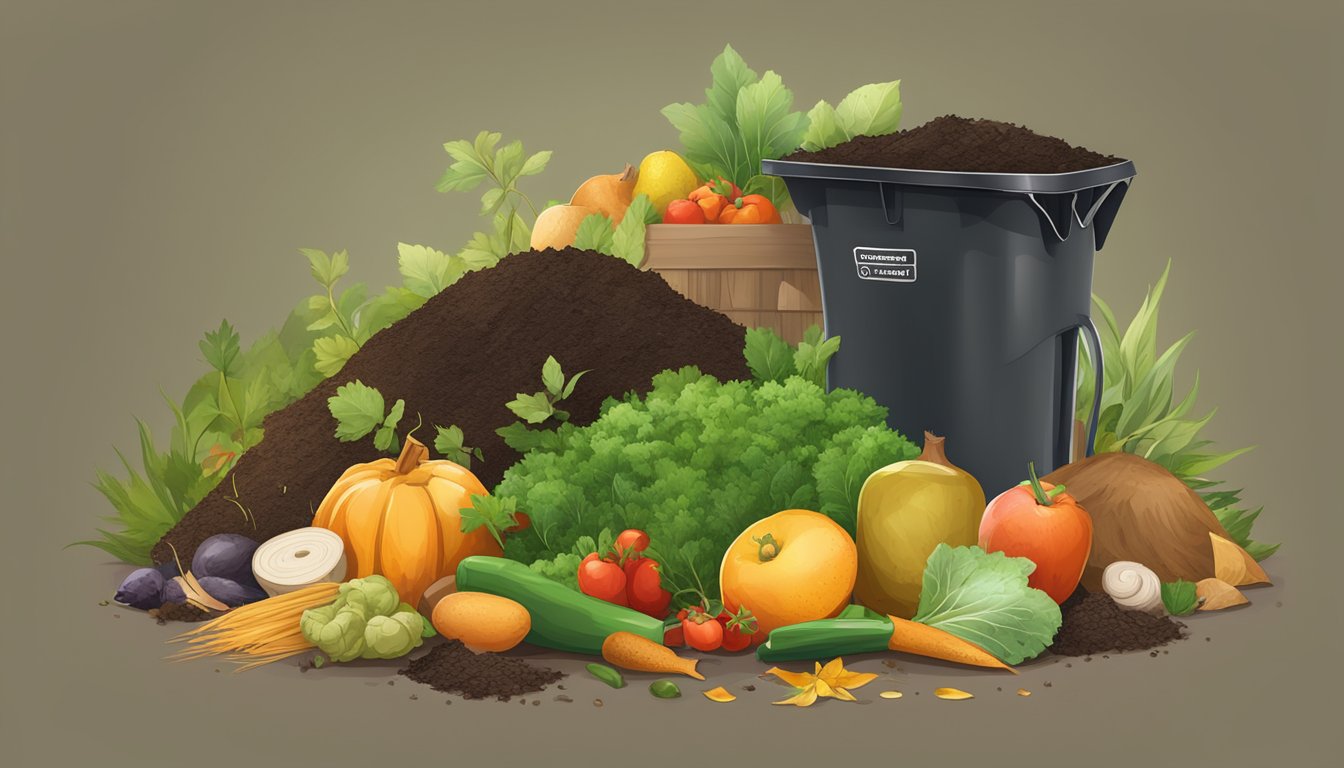 A pile of organic materials, including fruit and vegetable scraps, leaves, and grass clippings, surrounded by a compost bin and a shovel