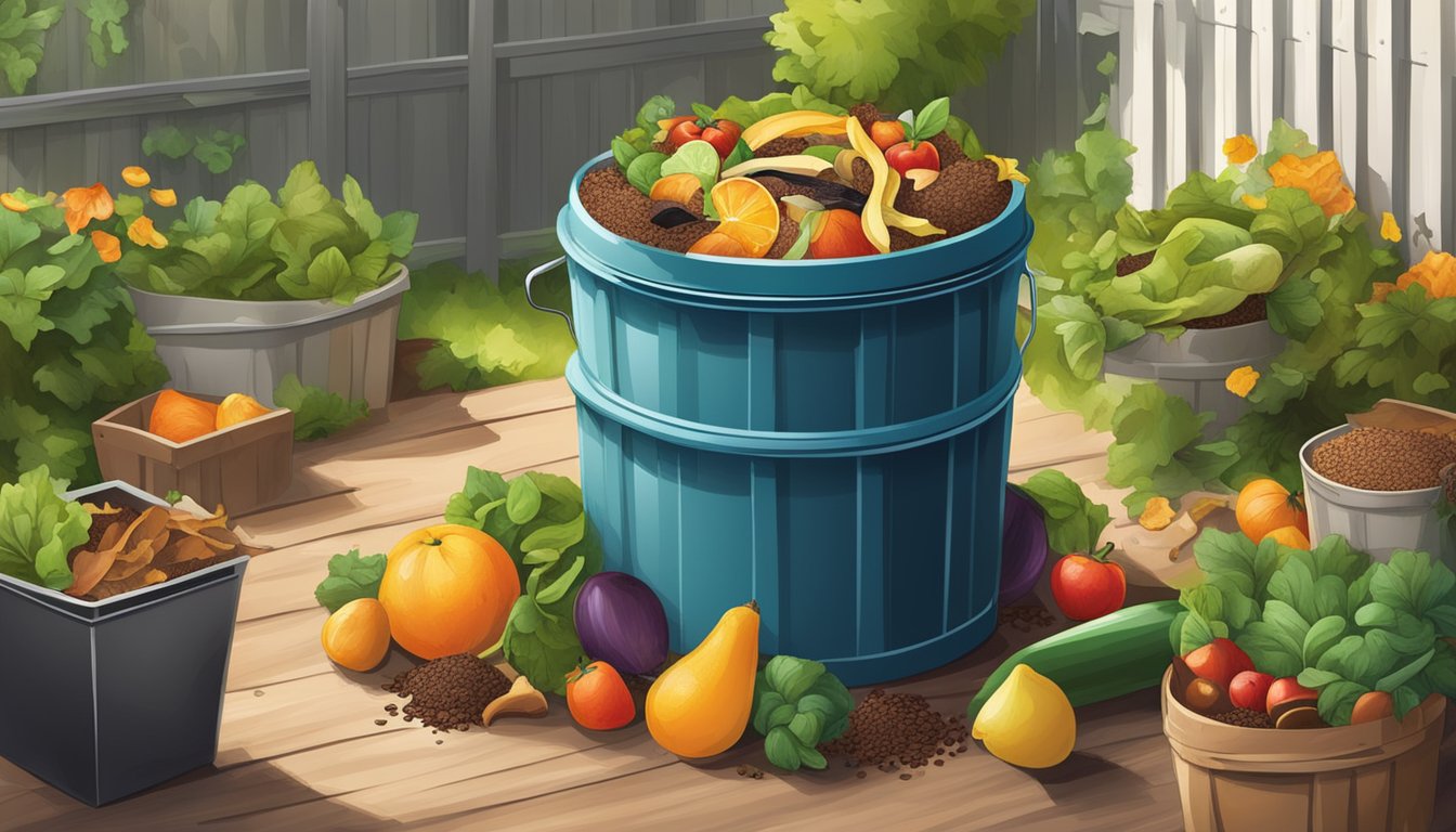 A backyard compost bin surrounded by a variety of kitchen scraps, including fruit peels, vegetable trimmings, and coffee grounds