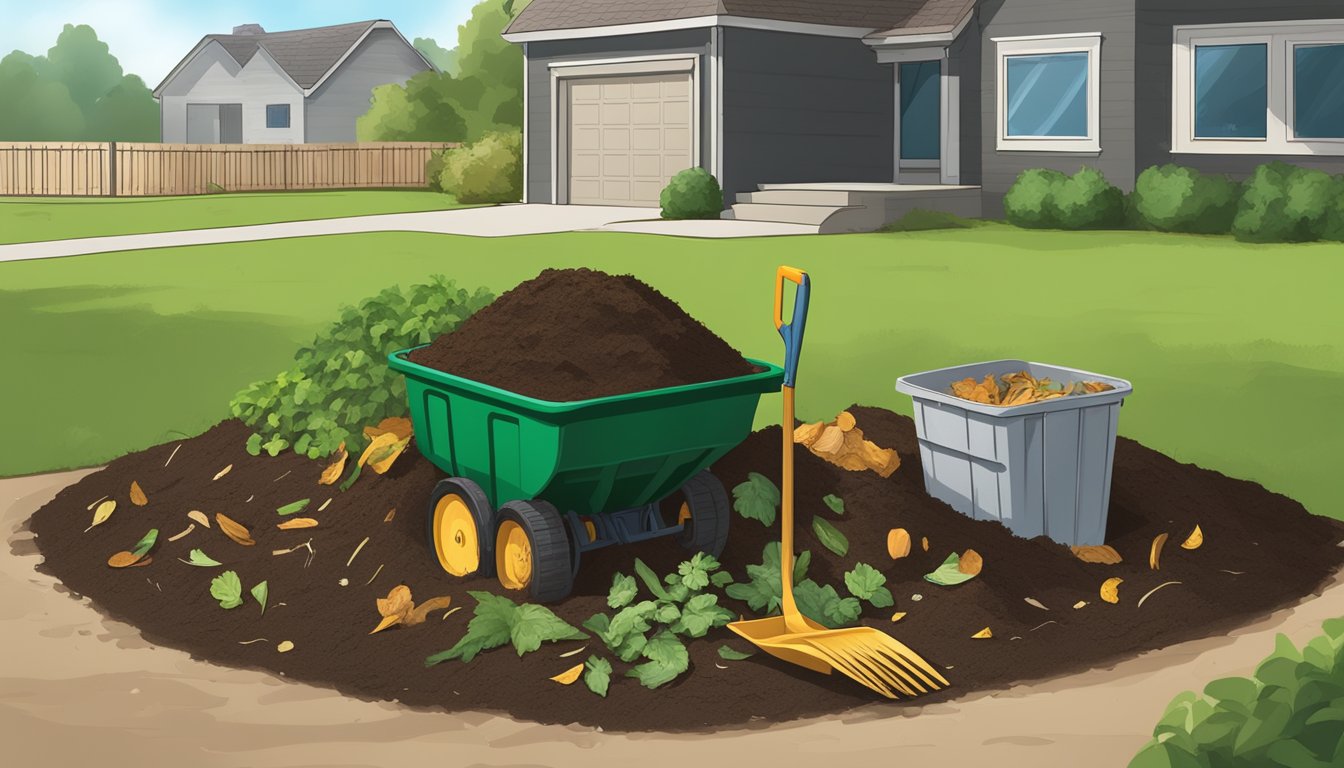 A backyard compost pile in Billings, MT, with a mix of kitchen scraps and yard waste being turned with a pitchfork. The pile is surrounded by a wooden bin and a small shovel is nearby