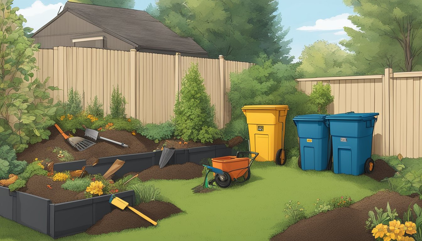 A backyard in Billings, MT with a compost bin, garden tools, and a variety of organic waste being added to the compost pile