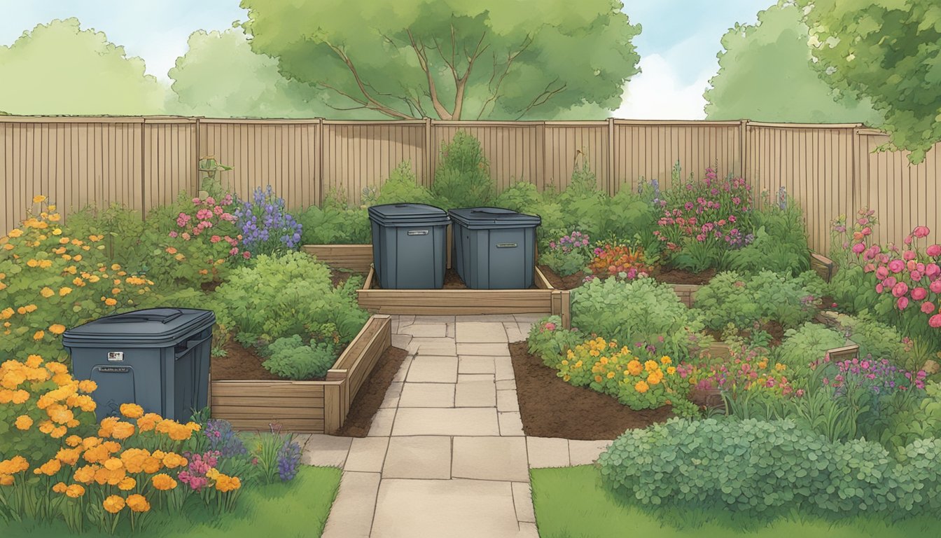 A lush garden in Kansas City, MO, with compost bins and a guide book on composting