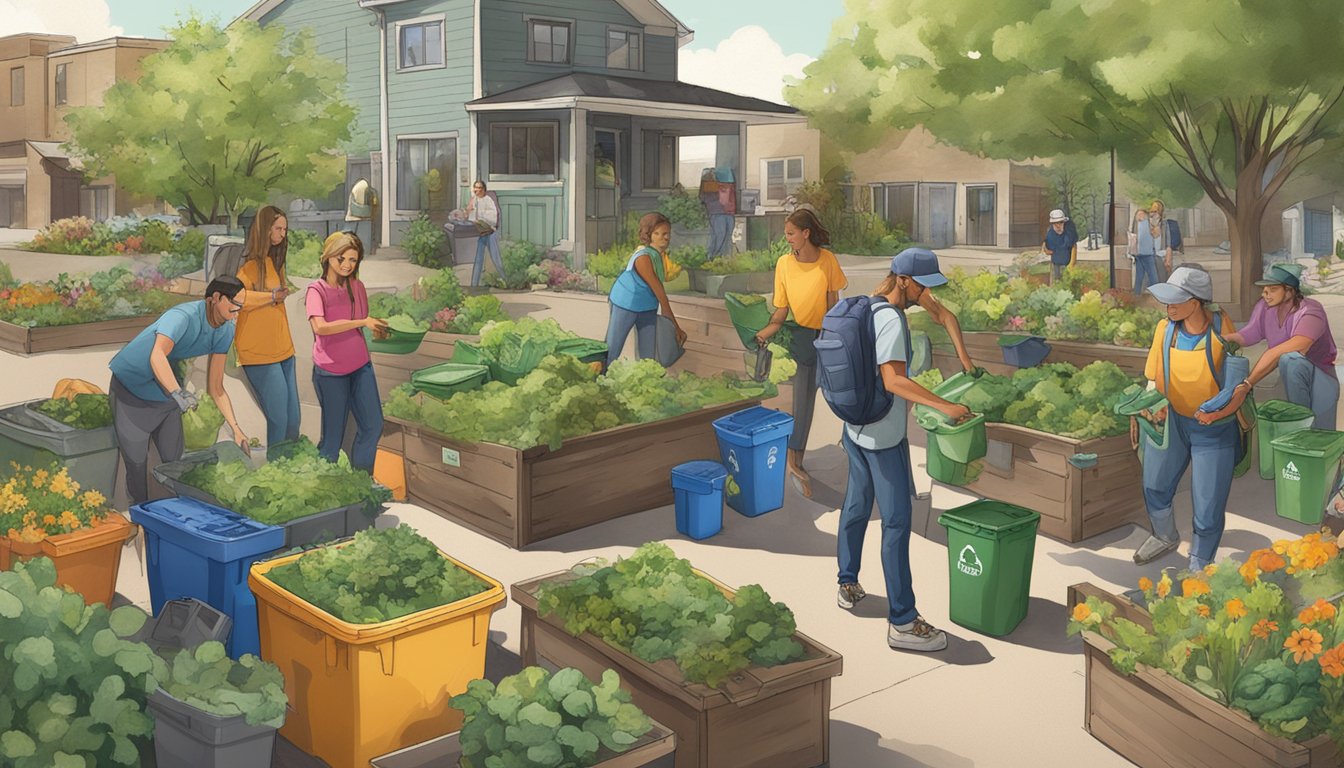 A group of people in Billings, MT work together to compost, surrounded by community gardens and recycling bins