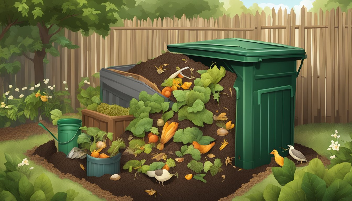 A backyard compost bin surrounded by various types of organic waste, with a mix of brown and green materials, and a few small pests present