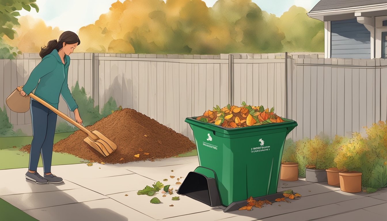 A person adding food scraps to a compost bin in a backyard garden in Billings, MT, with a shovel and a pile of leaves nearby