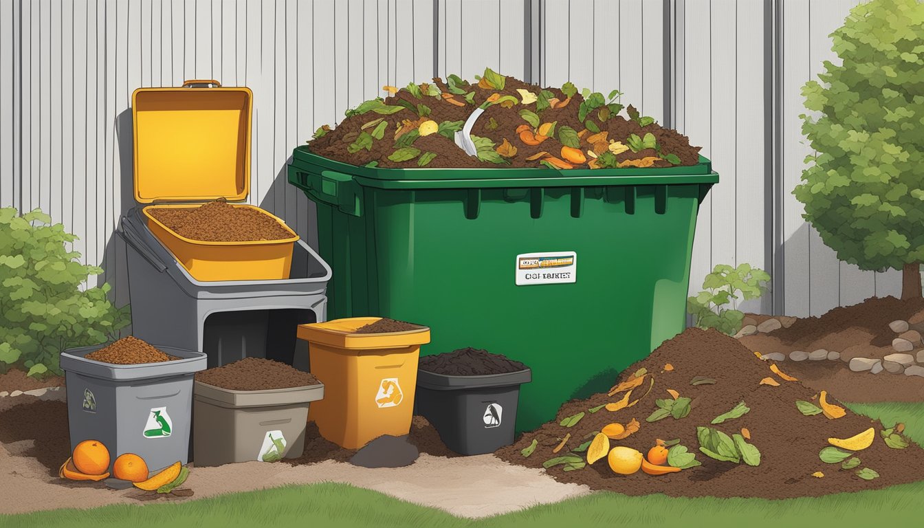 A diverse array of organic waste, including fruit peels, coffee grounds, and yard clippings, is being layered into a compost bin in a backyard in Kansas City, MO