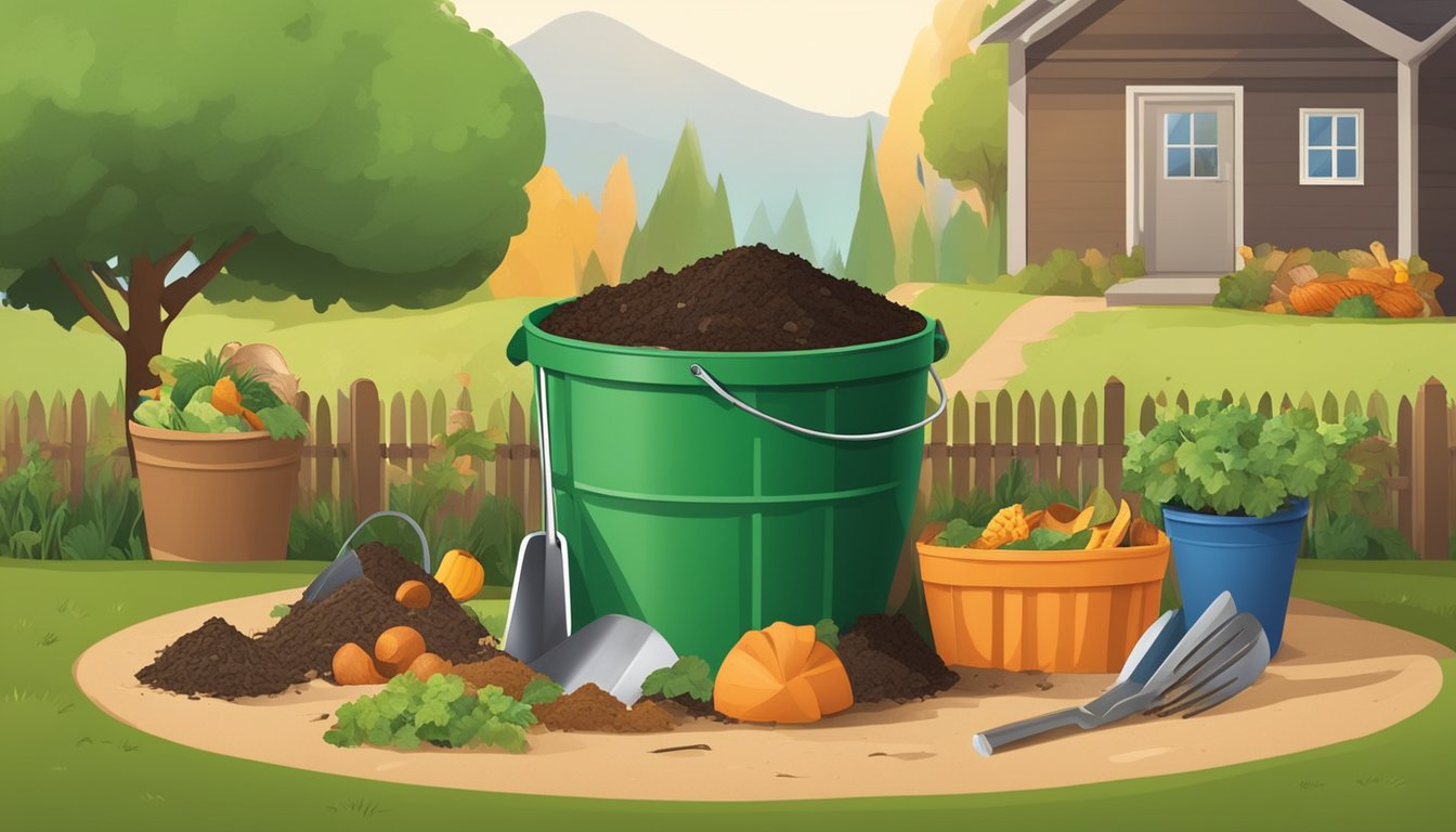 A backyard compost bin surrounded by a variety of food scraps and yard waste, with a shovel and gardening gloves nearby