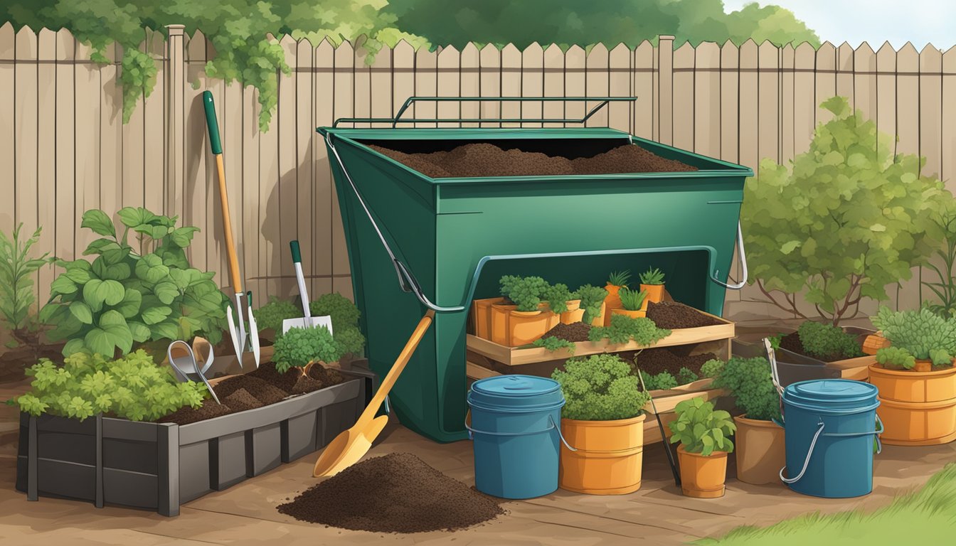 A backyard compost bin surrounded by various organic materials and gardening tools in Fayetteville, NC