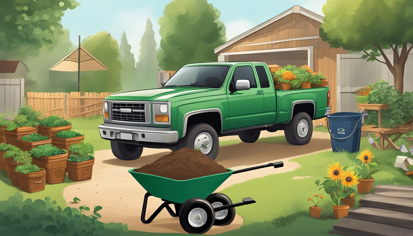 A sunny backyard with a compost bin, a shovel, and a wheelbarrow filled with organic waste. A pickup truck with a compost logo is parked nearby