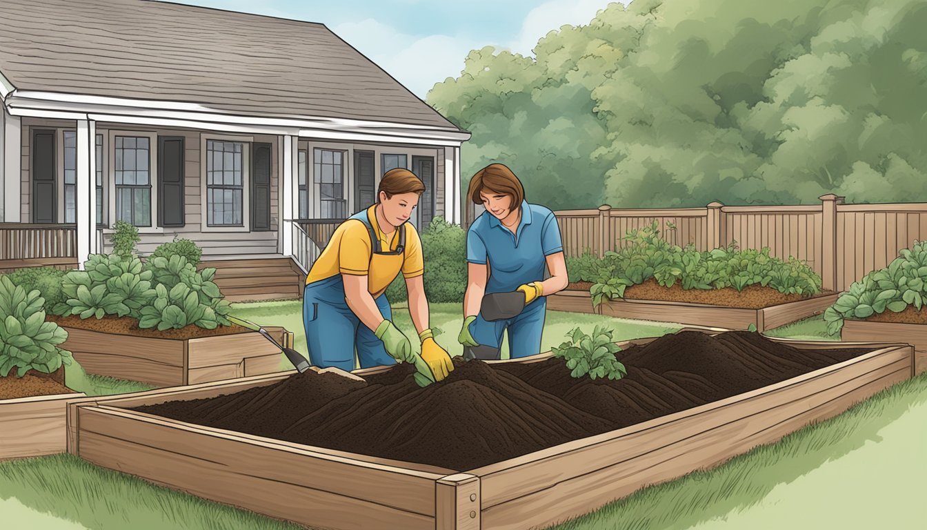 A person adding finished compost to a garden bed in Fayetteville, NC