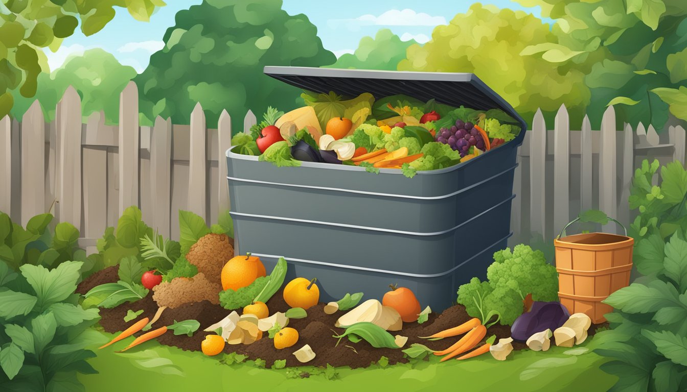 A backyard compost bin surrounded by a variety of organic waste, including fruit and vegetable scraps, leaves, and grass clippings