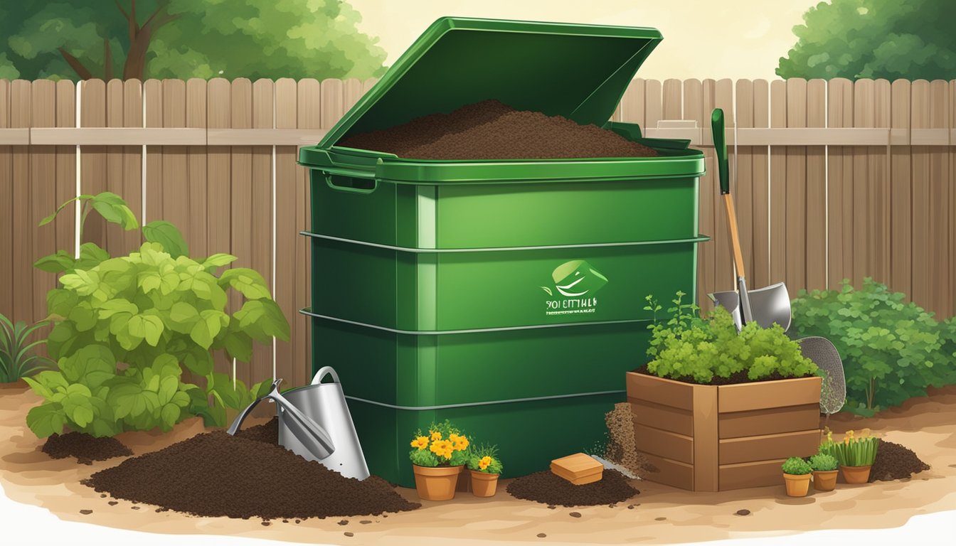 A backyard compost bin with a mix of green and brown materials, surrounded by garden tools and a watering can